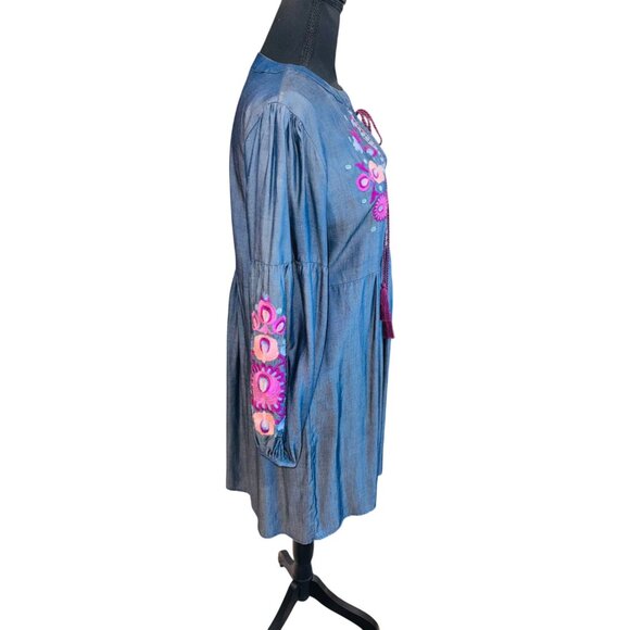 Umgee Babydoll S Blue Tencel Embroidered Boho Peasant Dress Balloon Slv Cottage - Picture 5 of 11